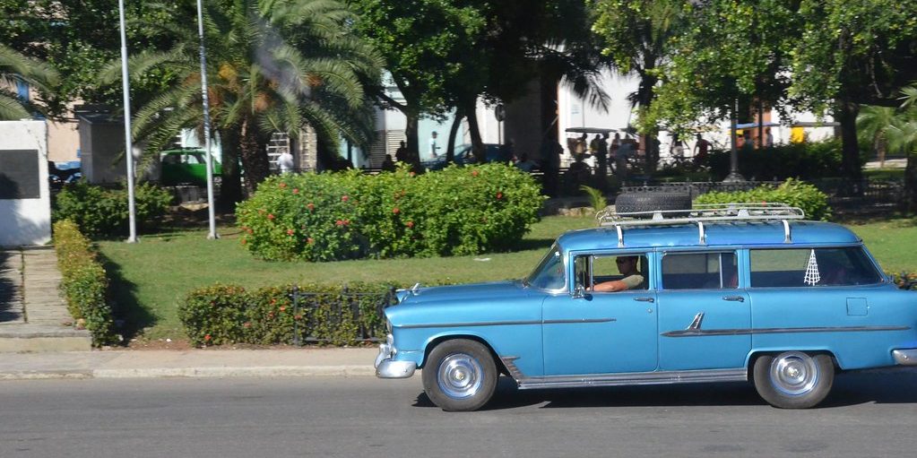 A classic estate car parked by trees
