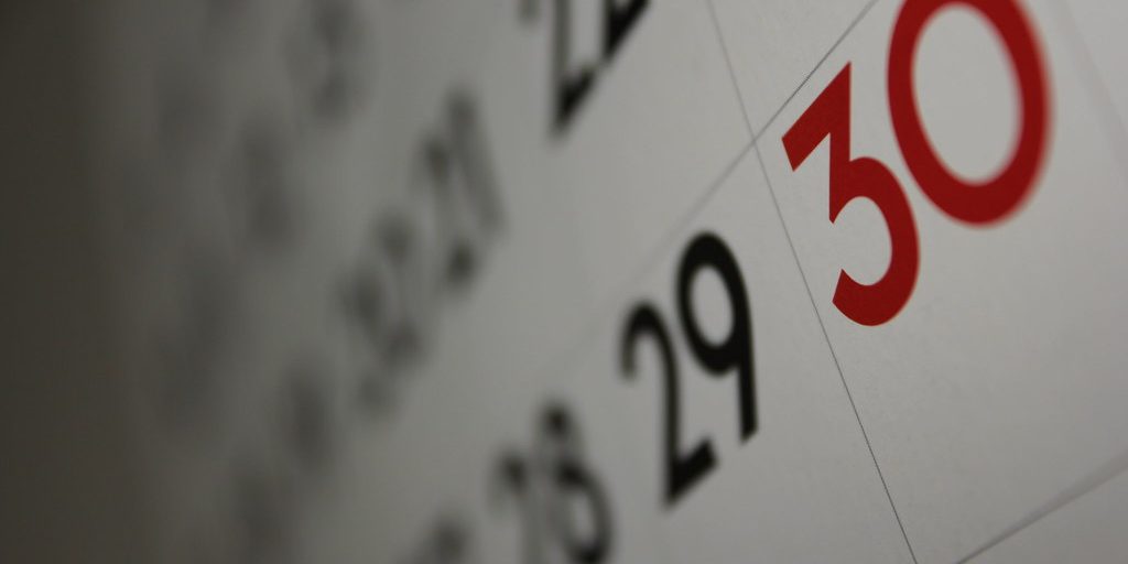 A close-up of a calendar page, the dates running towards the end of the month