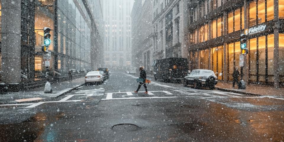 City street in falling snow