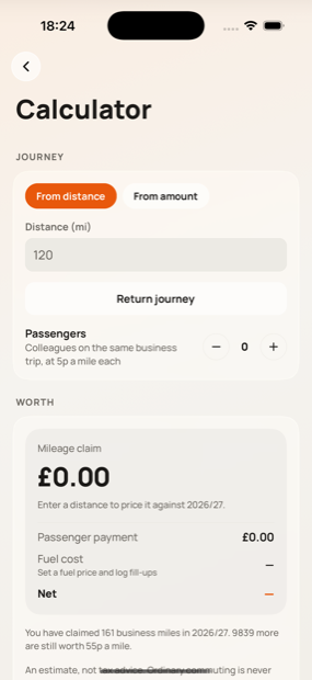 Pricing a journey at the current approved rates in Milometry