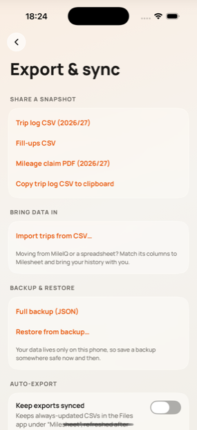 Export and sync options in Milometry