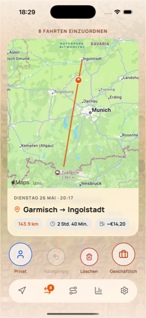 Eine Fahrt per Wischen als geschäftlich oder privat einordnen