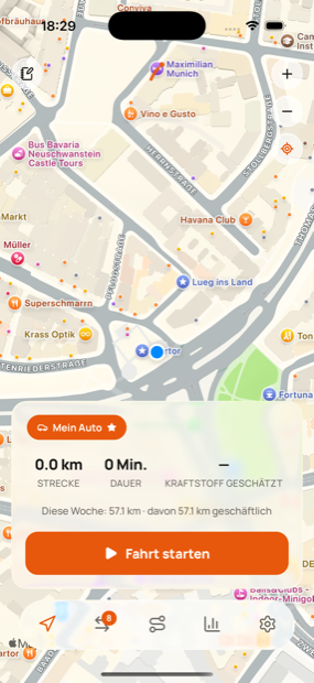 Milometry zeichnet eine Fahrt auf, mit Strecke, Dauer und Kraftstoffkosten in Echtzeit