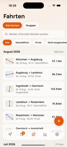 Every journey, searchable and grouped by month.
