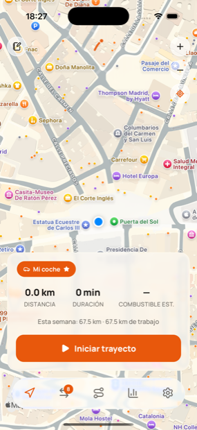 Milometry registrando un trayecto, con distancia, duración y coste de combustible en vivo