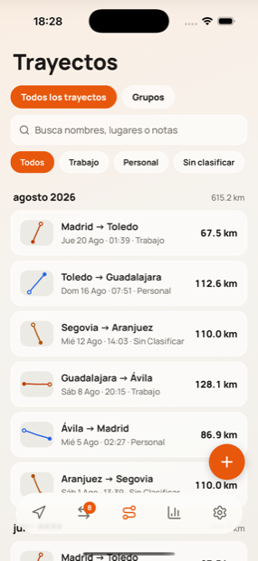 A month of journeys in Milometry, each with date, route and distance