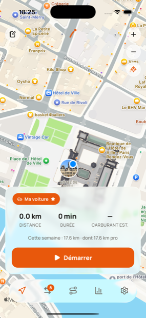 Milometry enregistre un trajet, avec distance, durée et coût de carburant en direct