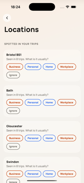 Tagging places as home, workplace, business or personal in Milometry