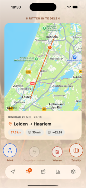 Een rit met een veeg als zakelijk of privé sorteren