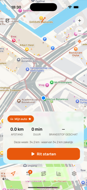 Milometry legt een rit vast, met live afstand, duur en brandstofkosten