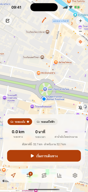 Milometry กำลังบันทึกการขับรถ พร้อมระยะทาง เวลา และค่าน้ำมันแบบสด