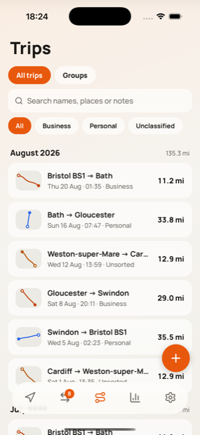 Every journey, searchable and grouped by month.